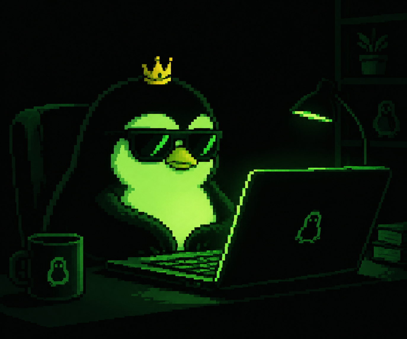 Pixel-art penguin with sunglasses and a crown typing at a laptop
