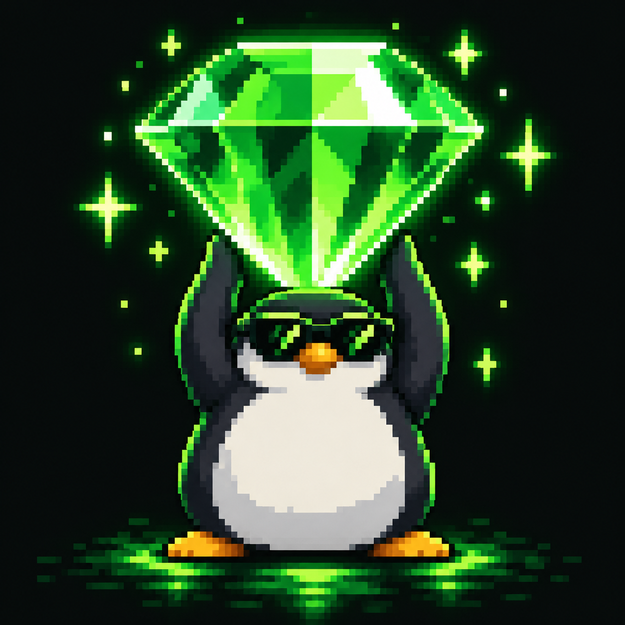 Pixel-art penguin holding a huge glowing green diamond