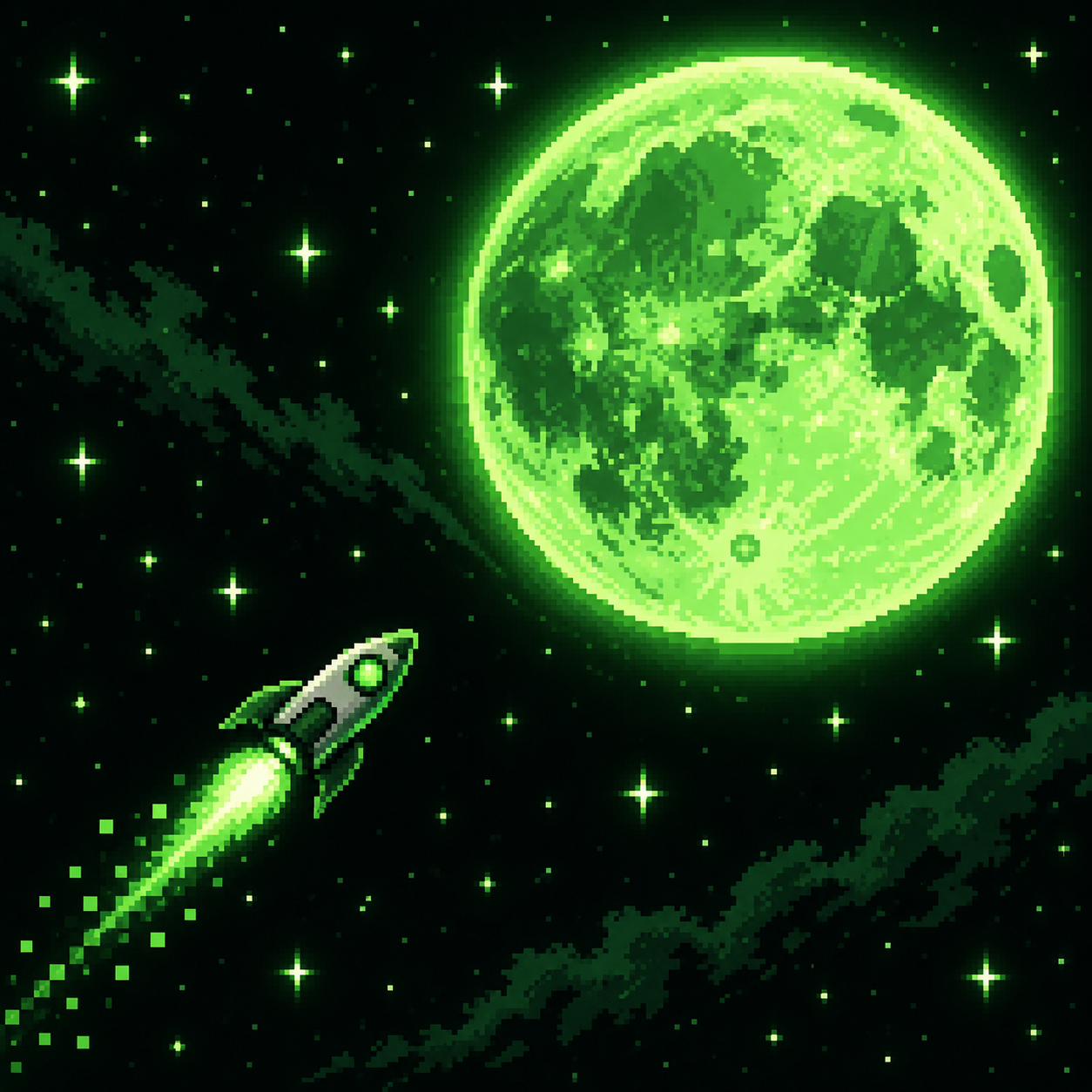 Pixel-art rocket flying toward a glowing green moon