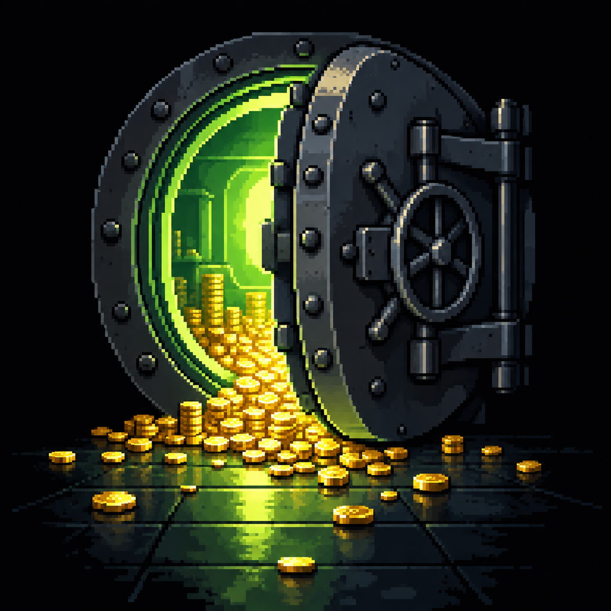 Pixel-art bank vault door cracked open with green light and gold coins