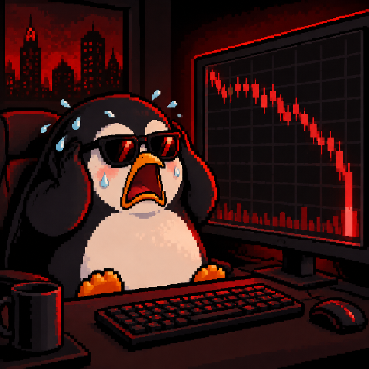 Pixel-art penguin panicking at a red crashing chart