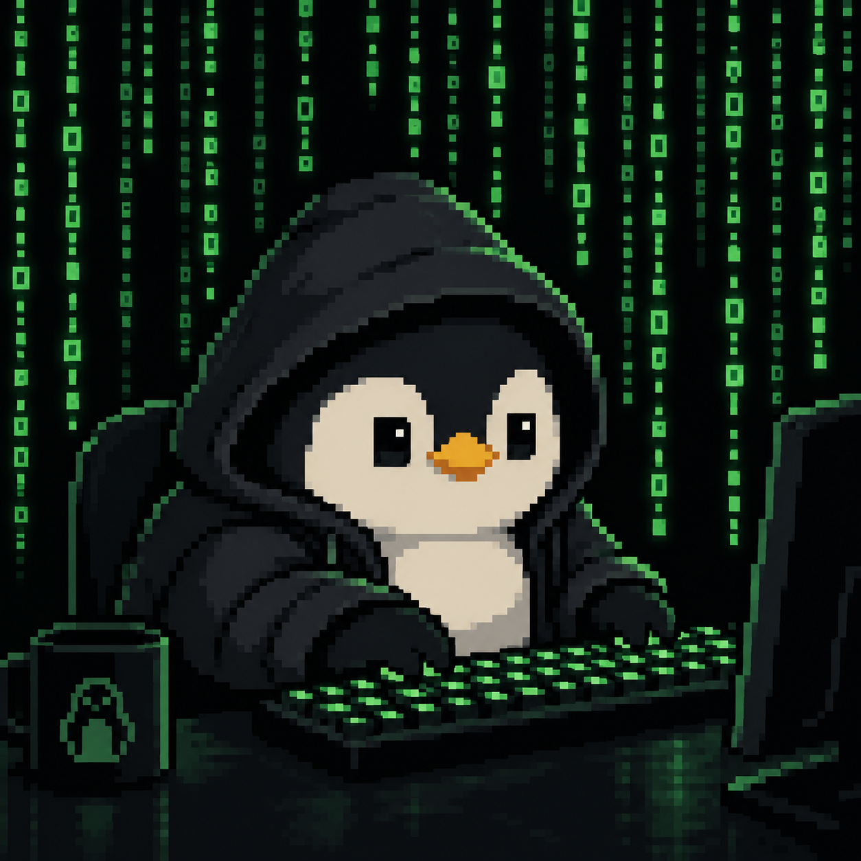 Pixel-art penguin in a hoodie typing in front of green code rain